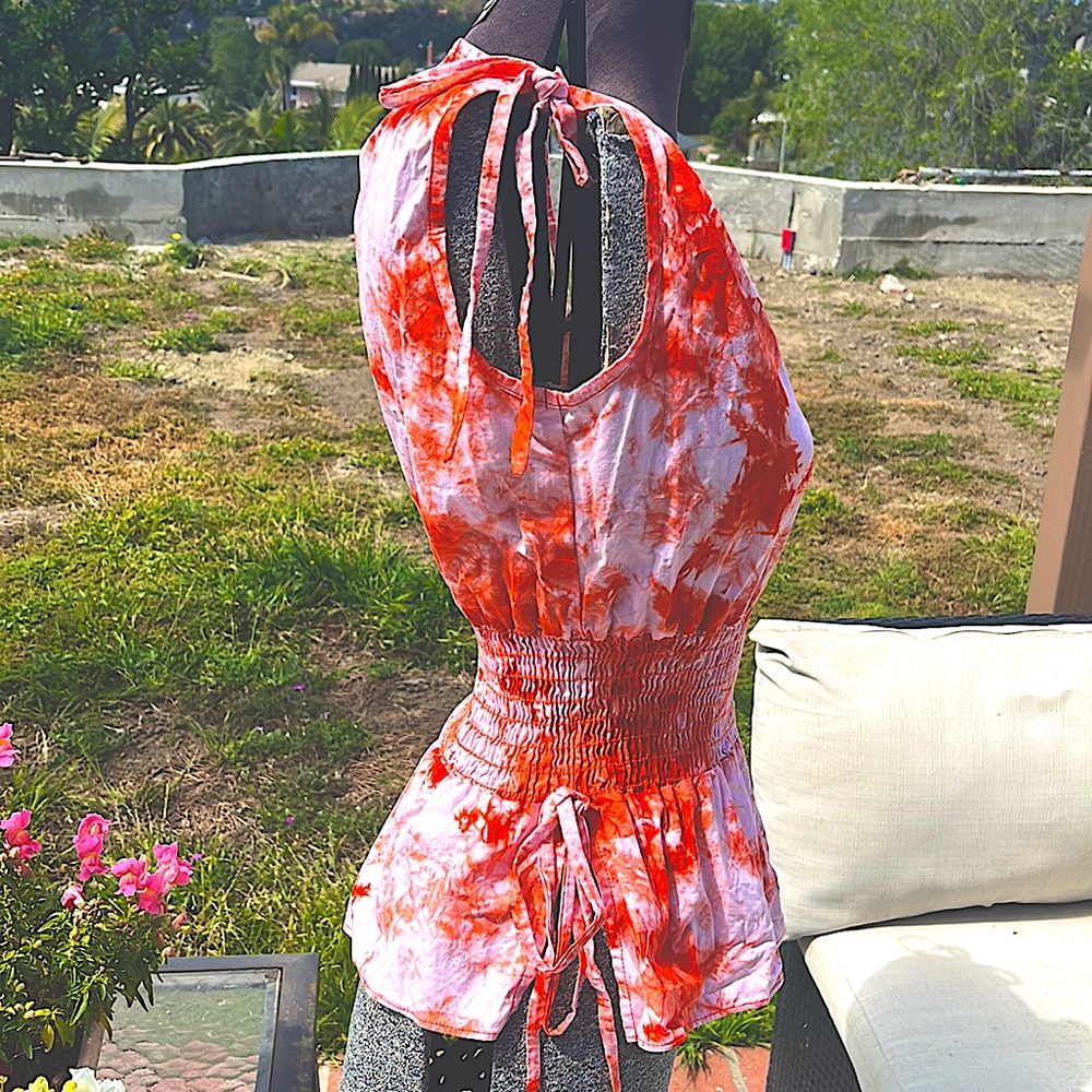 🚫Gifted Friends Hilda top peach & orange tie dye 100% cotton slim seer sucker - Picture 7 of 10